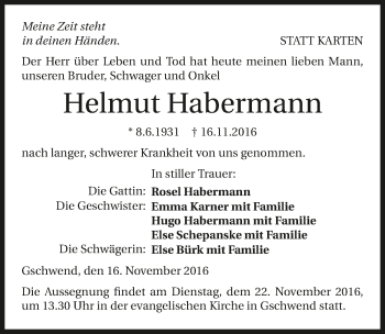 Traueranzeige von Helmut Habermann 