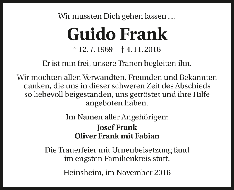  Traueranzeige für Guido Frank vom 26.11.2016 aus 