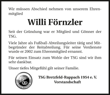 Traueranzeige von Wilhelm Förnzler 