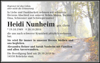 Traueranzeige von Heidi Nunheim 