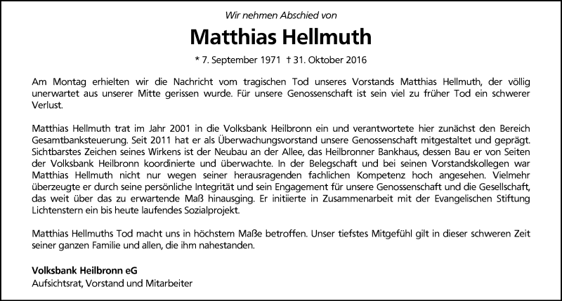 Traueranzeige für Matthias Hellmuth vom 05.11.2016 aus 