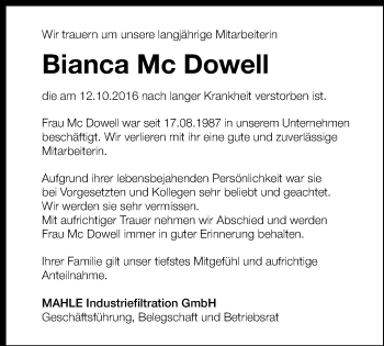 Traueranzeige von Bianca Mc Dowell 