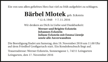 Traueranzeige von Bärbel Mlotek 