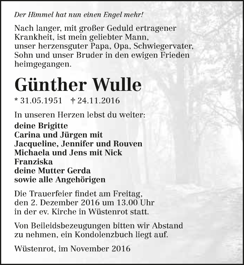  Traueranzeige für Günther Wulle vom 29.11.2016 aus 