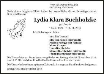 Traueranzeige von Lydia Klara Buchholzke 