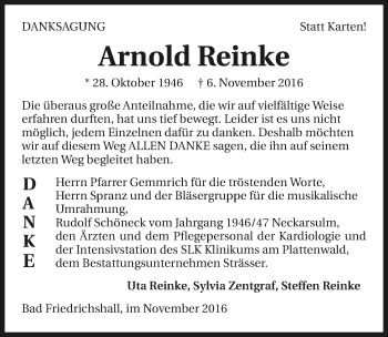Traueranzeige von Arnold Reinke 