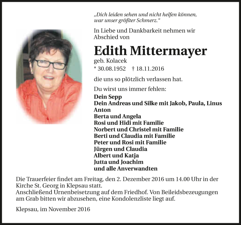  Traueranzeige für Edith Mittermayer vom 30.11.2016 aus 