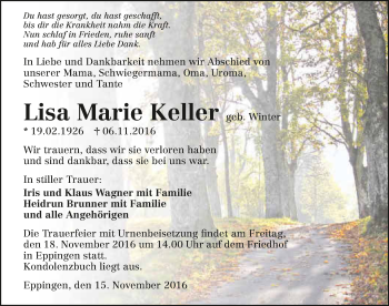 Traueranzeige von Lisa Marie Keller 