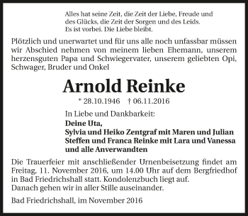Traueranzeige von Arnold Reinke 