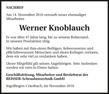 Traueranzeige von Werner Knoblauch 