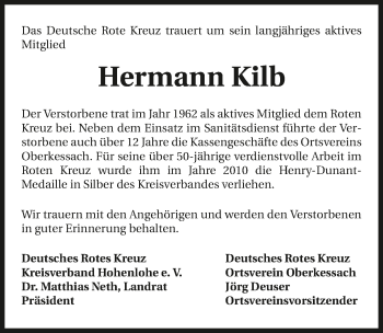 Traueranzeige von Hermann Kilb 