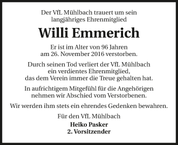 Traueranzeige von Willi Emmerich 