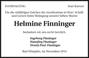 Traueranzeige von Helmine Finninger 