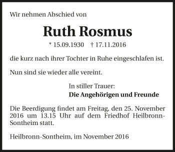 Traueranzeige von Ruth Rosmus 