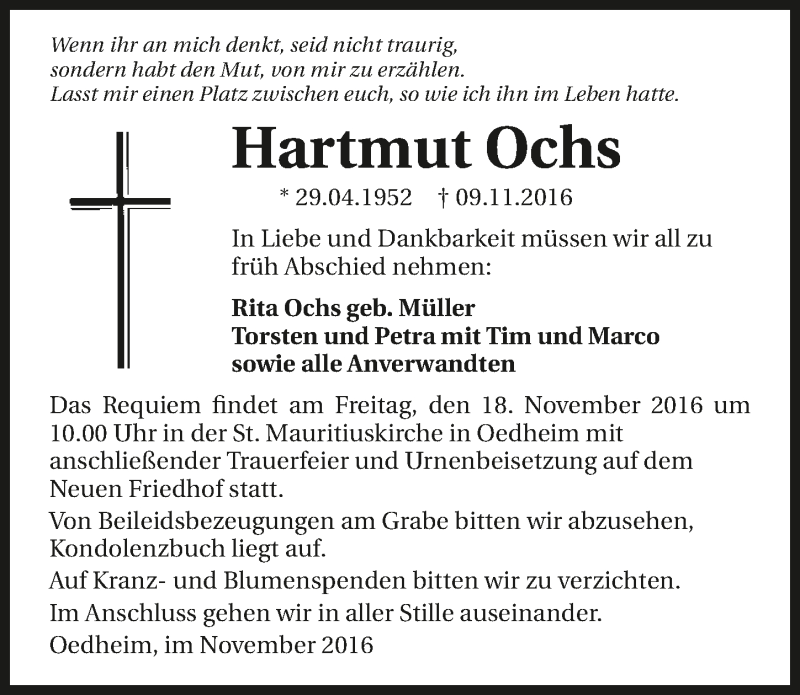  Traueranzeige für Hartmut Ochs vom 12.11.2016 aus 