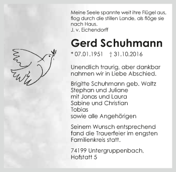 Traueranzeige von Gerd Schuhmann 