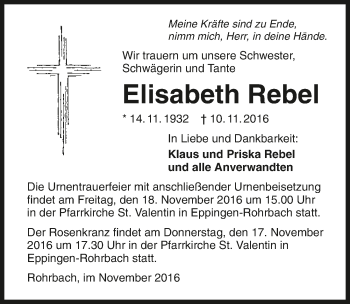 Traueranzeige von Elisabeth Rebel 