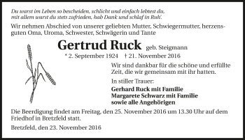Traueranzeige von Gertrud Ruck 