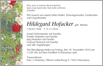 Traueranzeige von Hildegard Hofacker 