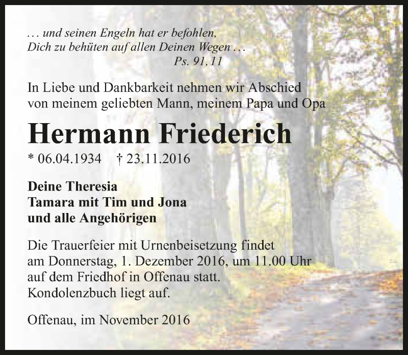  Traueranzeige für Hermann Friederich vom 29.11.2016 aus 