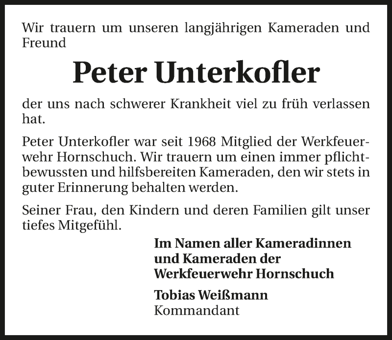  Traueranzeige für Peter Unterkofler vom 19.11.2016 aus 