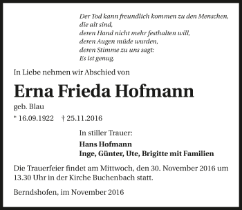 Traueranzeige von Erna Frieda Hofmann 