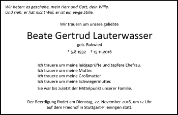 Traueranzeige von Beate Gertrud Lauterwasser 