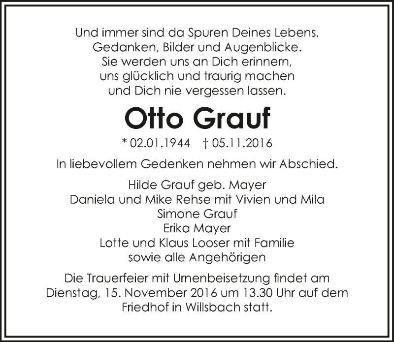  Traueranzeige für Otto Grauf vom 10.11.2016 aus 
