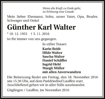 Traueranzeige von Günther Karl Walter 