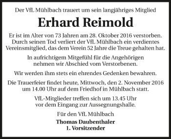 Traueranzeige von Erhard Reimold 