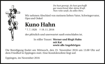 Traueranzeige von Kuno Hahn 