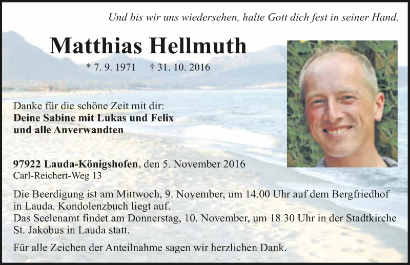  Traueranzeige für Matthias Hellmuth vom 05.11.2016 aus 