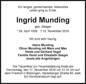 Traueranzeige von Ingrid Munding 