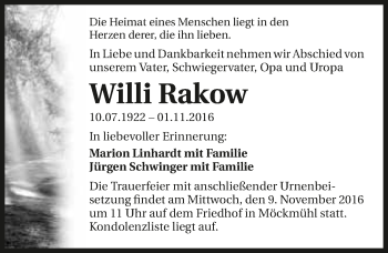 Traueranzeige von Willi Rakow 