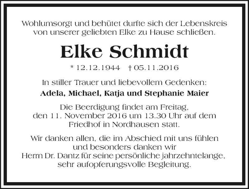  Traueranzeige für Elke Schmidt vom 08.11.2016 aus 