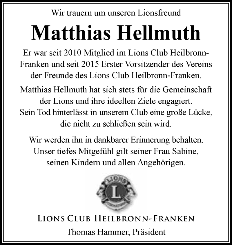  Traueranzeige für Matthias Hellmuth vom 05.11.2016 aus 