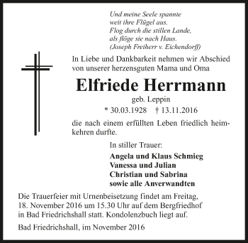 Traueranzeige von Elfriede Herrmann 