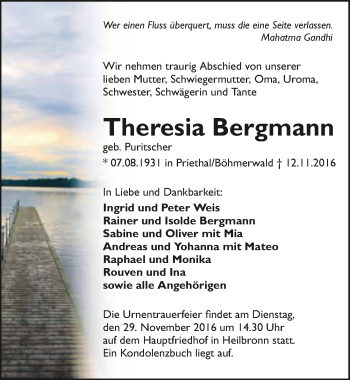 Traueranzeige von Theresia Bergmann 