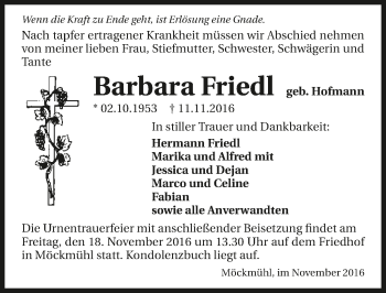 Traueranzeige von Barbara Friedl 