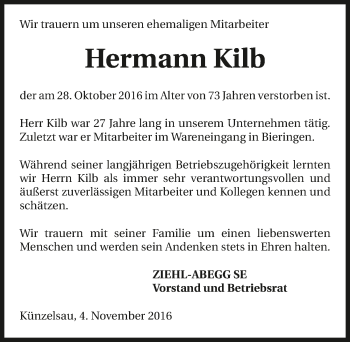 Traueranzeige von Hermann Kilb 