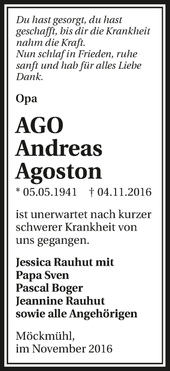 Traueranzeige von Andreas Agoston 