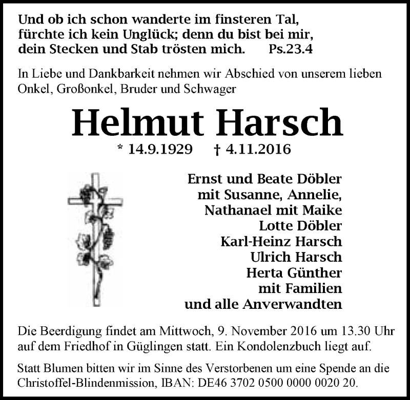  Traueranzeige für Helmut Harsch vom 07.11.2016 aus 