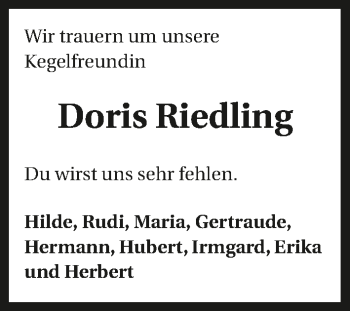 Traueranzeige von Doris Riedling 