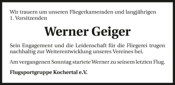 Traueranzeige von Werner Geiger 