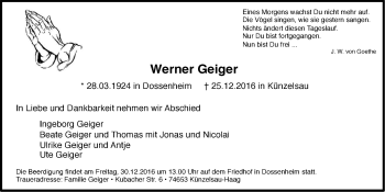 Traueranzeige von Werner Geiger 