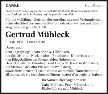 Traueranzeige von Gertrud Mühleck 