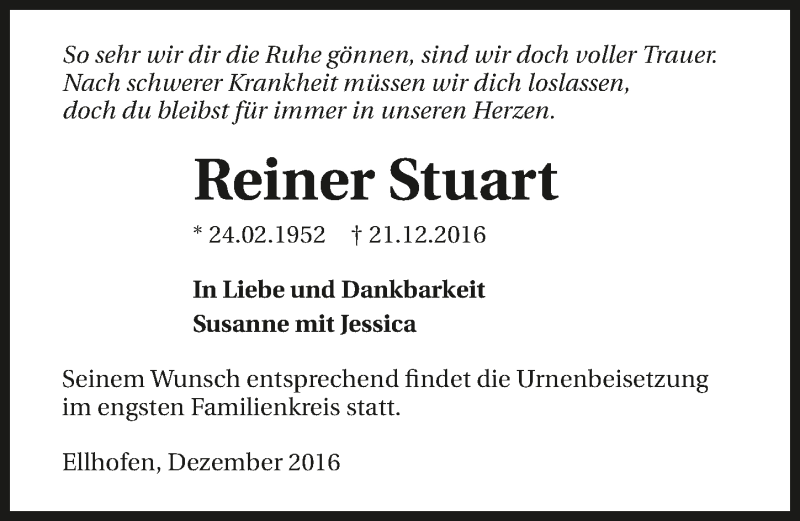  Traueranzeige für Reiner Stuart vom 24.12.2016 aus 