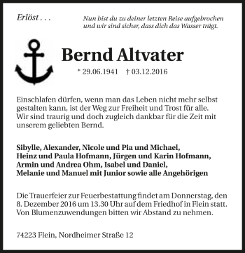 Traueranzeige von Bernd Altvater 