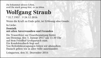 Traueranzeige von Wolfgang Straub 