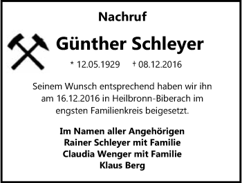 Traueranzeige von Günther Schleyer 